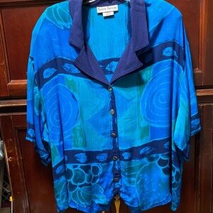 Sharon Anthony vintage Blue Patterned Women's plus size 24W button up Top